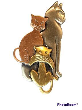 Cat Lovers Brooch Pin Trio Retro Tri Tone Metal Copper Bronze Silver Felines 3in
